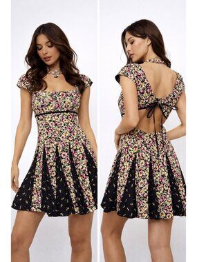 Free People Floral Mini Dress With Cut-Out Back Cap Sleeves Elastic Waist M